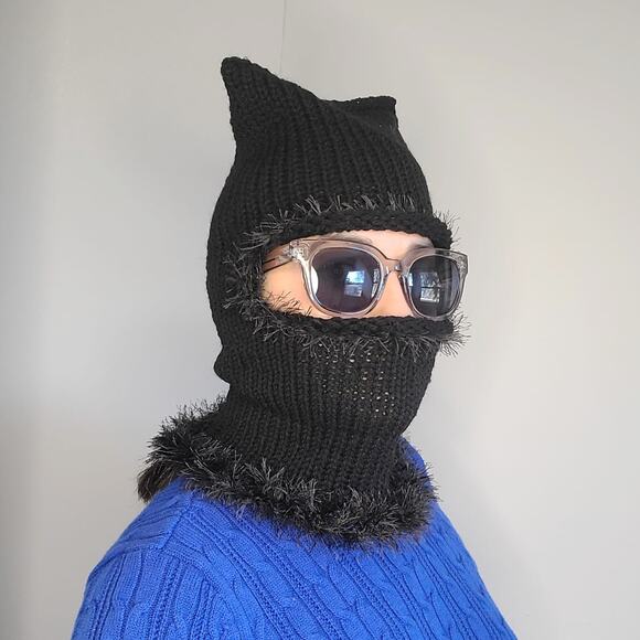 Black Cat Fairy Grunge Fuzzy Knitted Handmade Balaclava Winter Hat - Picture 3 of 8